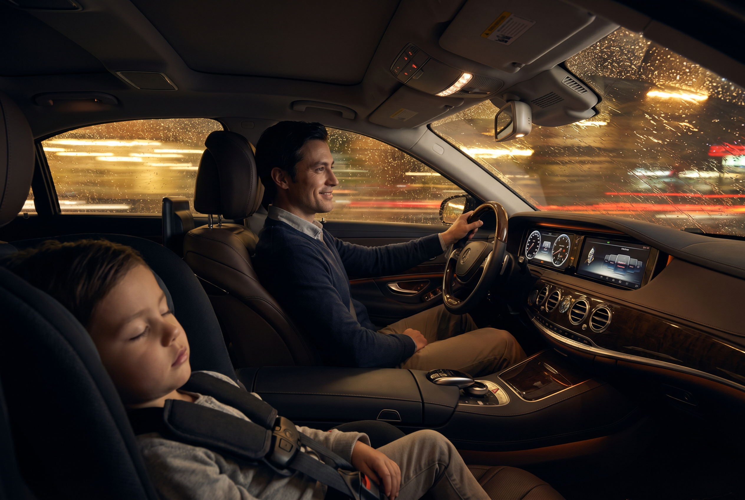 Family driving safely at night